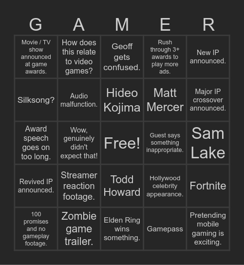 The Game Awards 2024 Bingo Card