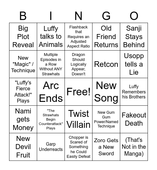 One Piece Binge Bingo Card