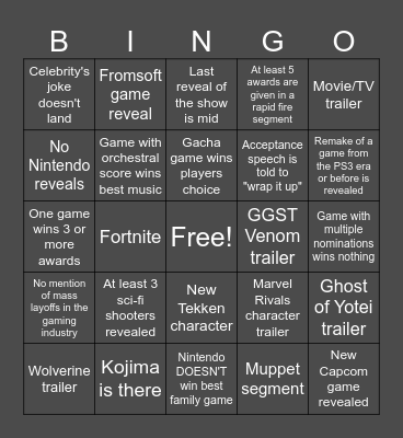Game Awards Bingo Card
