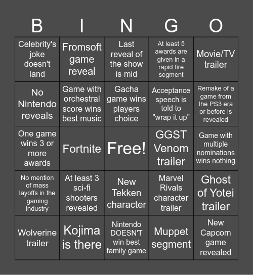 Game Awards Bingo Card