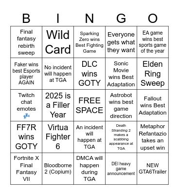 The Game Awards 2024 Bingo Card