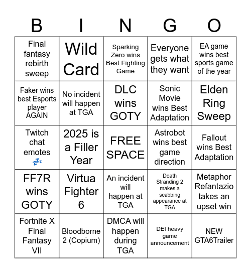 The Game Awards 2024 Bingo Card