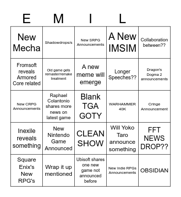 TGA 2024 Bingo Card