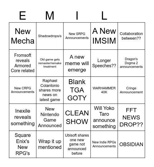 TGA 2024 Bingo Card