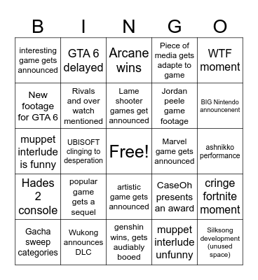 Game Awards Bingo Card