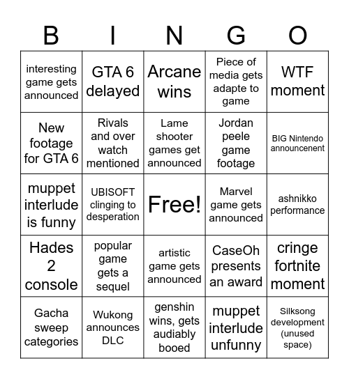 Game Awards Bingo Card