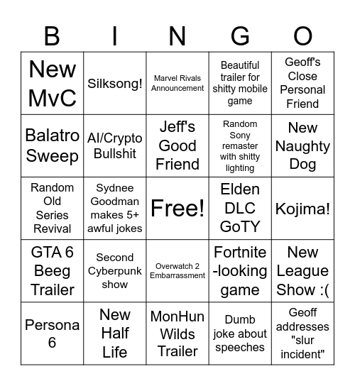 Game Awards Bingo 2024 Bingo Card