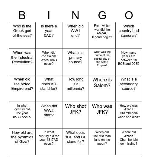 Name: Bingo Card