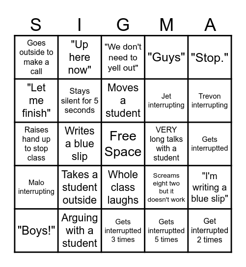 Mr Vallom Bingo Card
