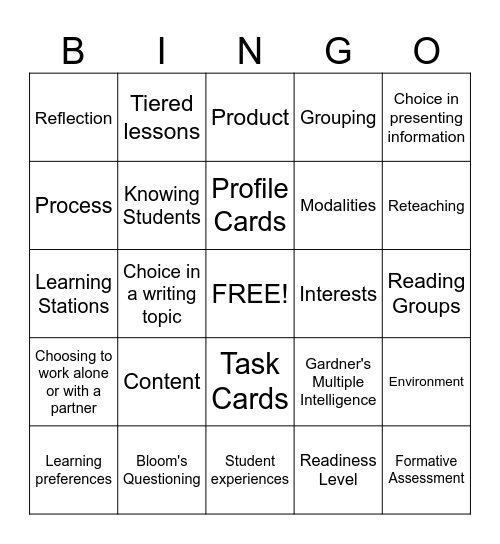 Differentiation Bingo Card