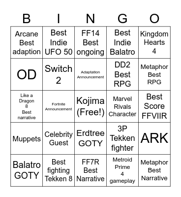 Game Awards Bingo Card