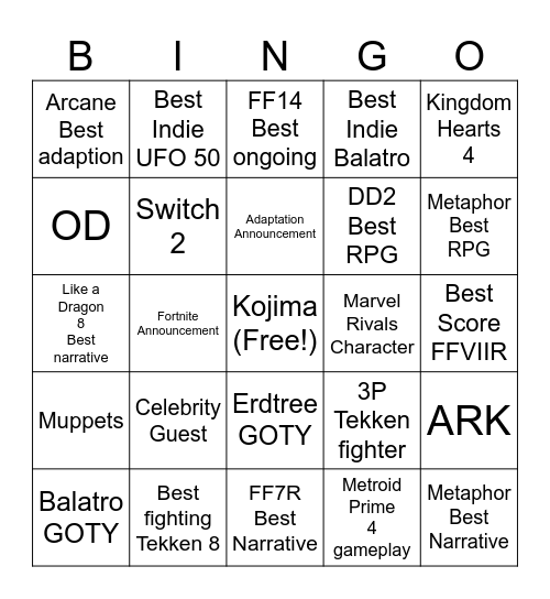 Game Awards Bingo Card