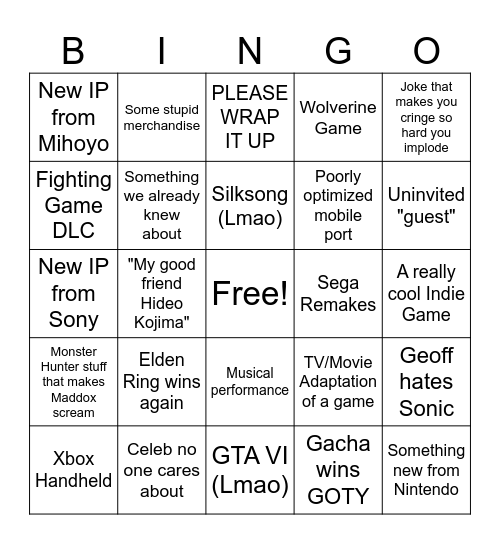 Game Awards 2024 Bingo Card