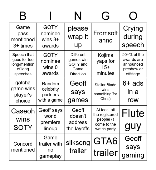 2024 Game Awards Bingo Card