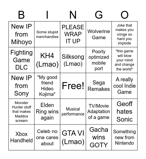 Game Awards 2024 Bingo Card