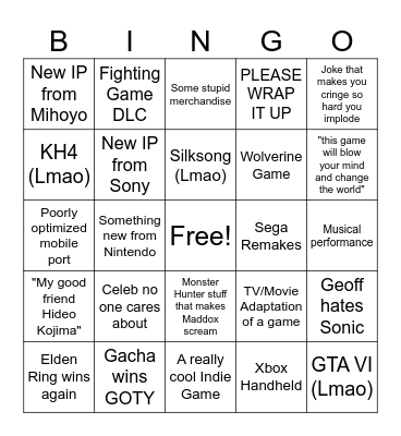 Game Awards 2024 Bingo Card