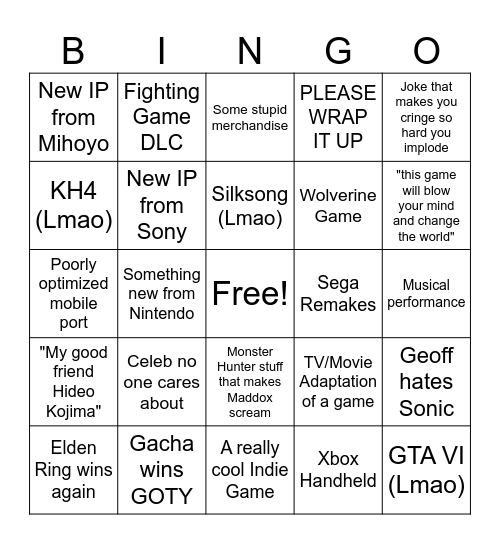 Game Awards 2024 Bingo Card