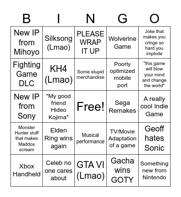 Game Awards 2024 Bingo Card