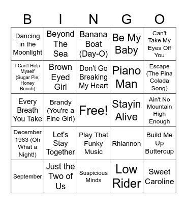 Oldies Songs Bingo Card