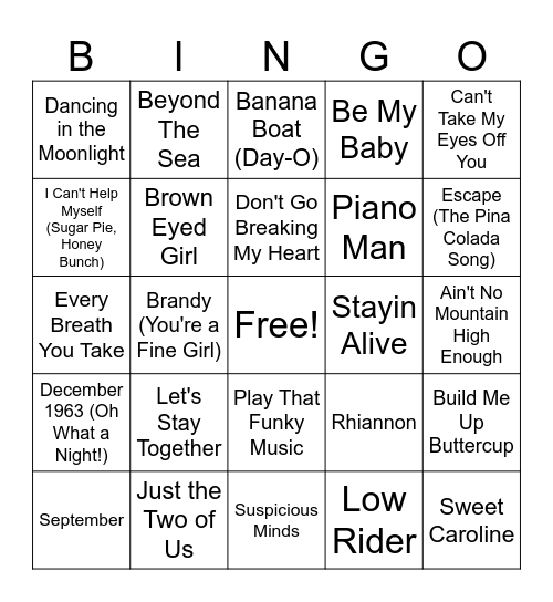 Oldies Songs Bingo Card