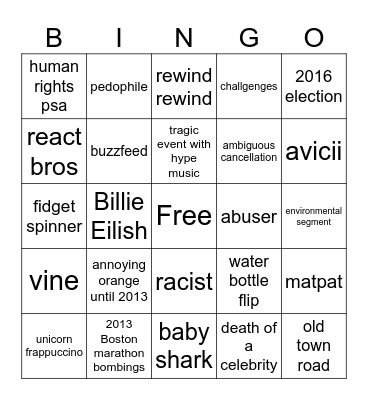 youtube rewind Bingo Card