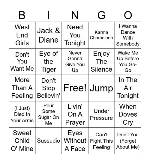 80's Classics Bingo Card