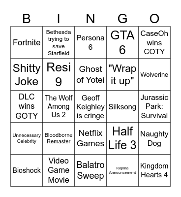 Game Awards Bingo Card