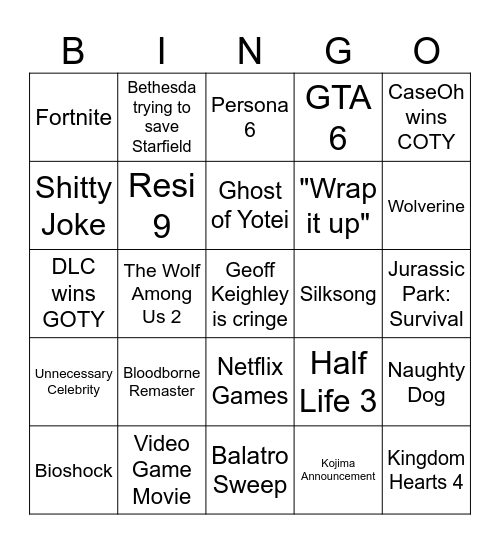 Game Awards Bingo Card