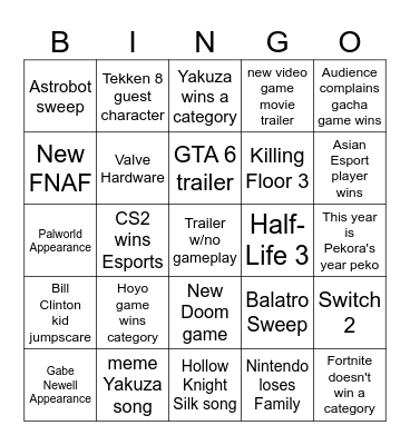 TGA 2024 Bingo Card