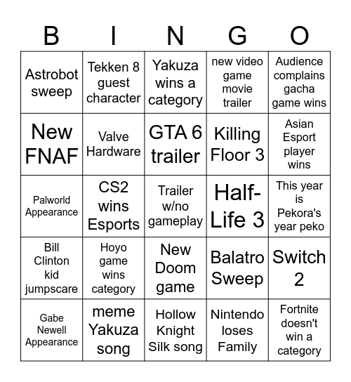 TGA 2024 Bingo Card