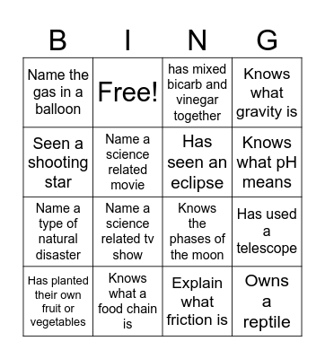 Getting to know you Science Bingo Card