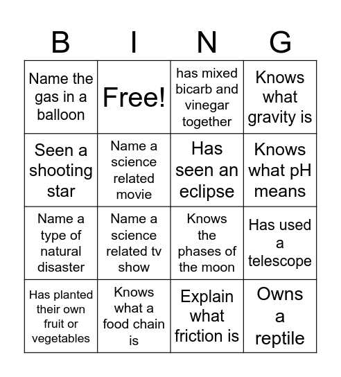 Getting to know you Science Bingo Card