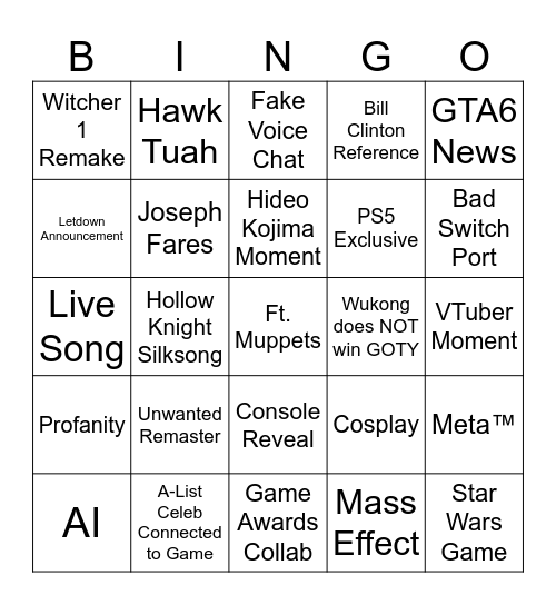 2024 Game Awards Bingo Card
