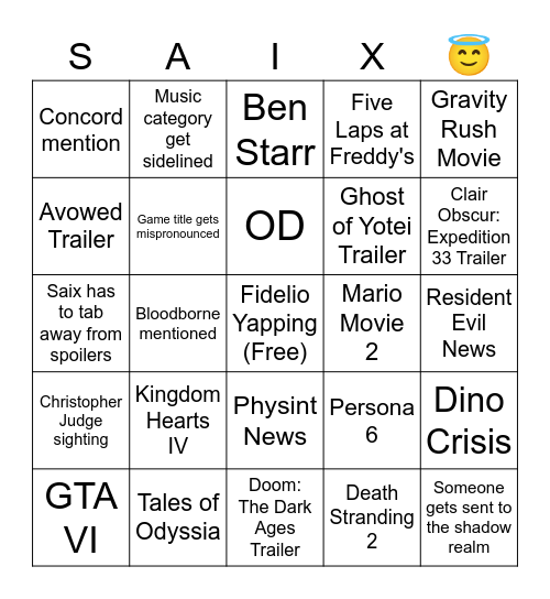 Saix TGA 2024 Bingo Card