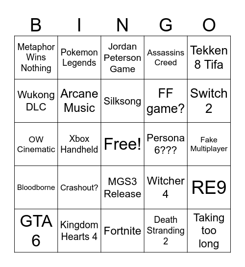 Game Awards Bingo Card