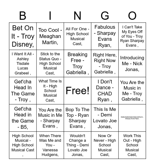 HIGH SCHOOL MUSICAL Bingo Card