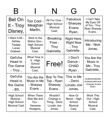 HIGH SCHOOL MUSICAL Bingo Card