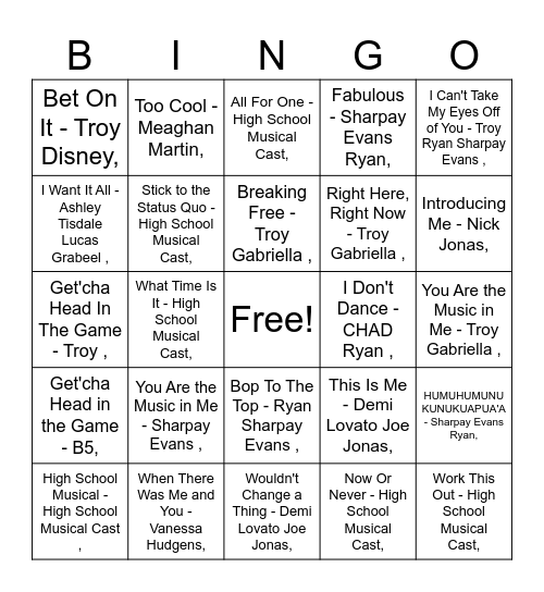 HIGH SCHOOL MUSICAL Bingo Card