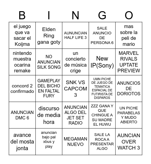 Game Awards 2024 Bingo Card