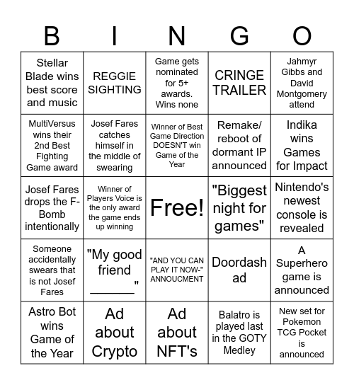 The Game Awards 2024 Bingo Card