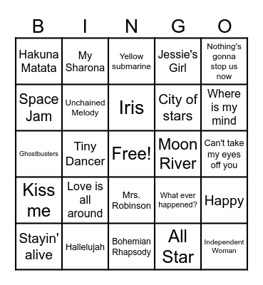 Hits From The Movies Bingo Card