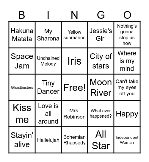 Hits From The Movies Bingo Card