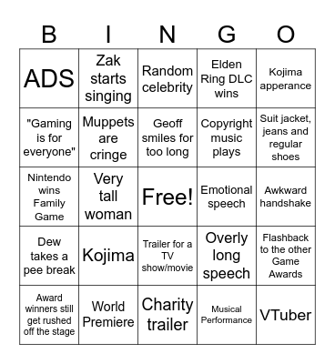 GAME AWARDS 2024 Bingo Card