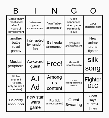 Game Awards 2024 Bingo Card