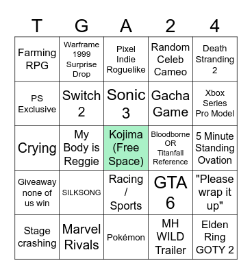 TGA 2024 Bingo Card