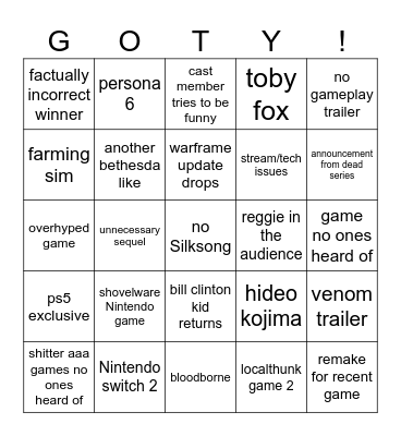 Game of the year bingo Card