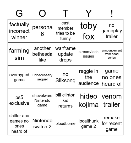 Game of the year bingo Card