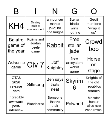 GAME AWARDS 2024 Bingo Card