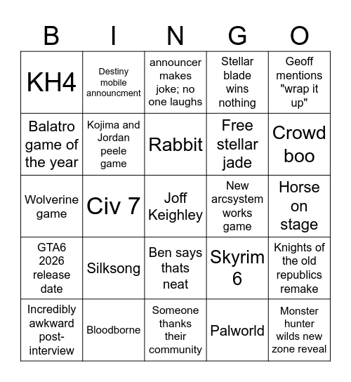 GAME AWARDS 2024 Bingo Card
