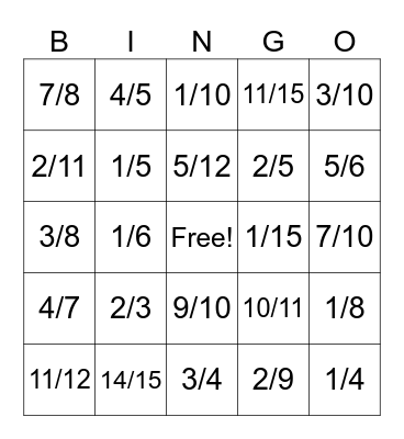 Simplifying Fractions Bingo Card